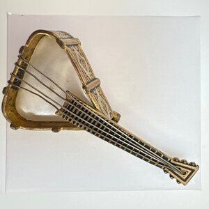 Mother of Pearl Lute Stringed Instrument Brooch VTG Gold Tone Size 2" Length